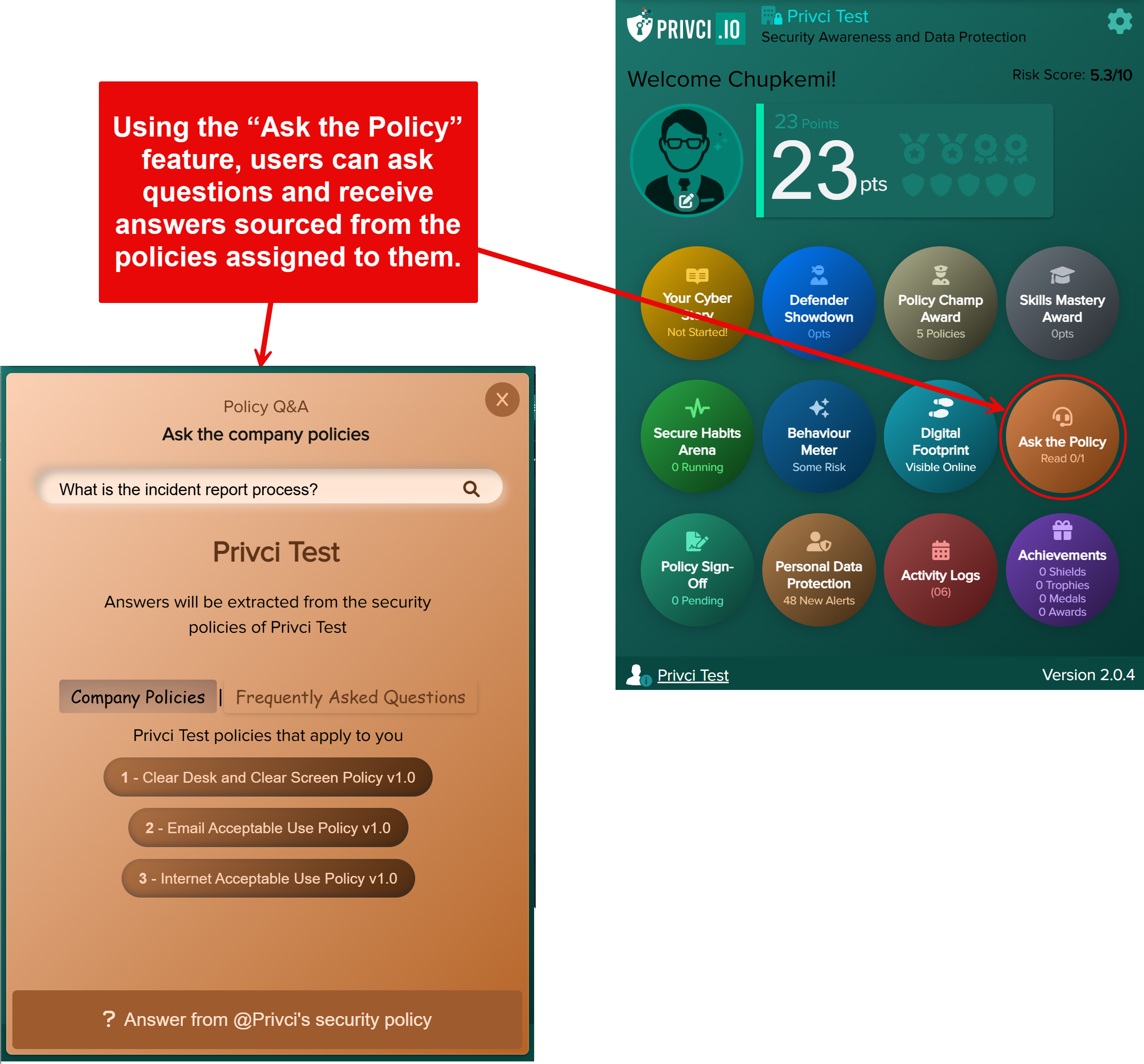 Ask the Policy Q&A interface in the Training Agent