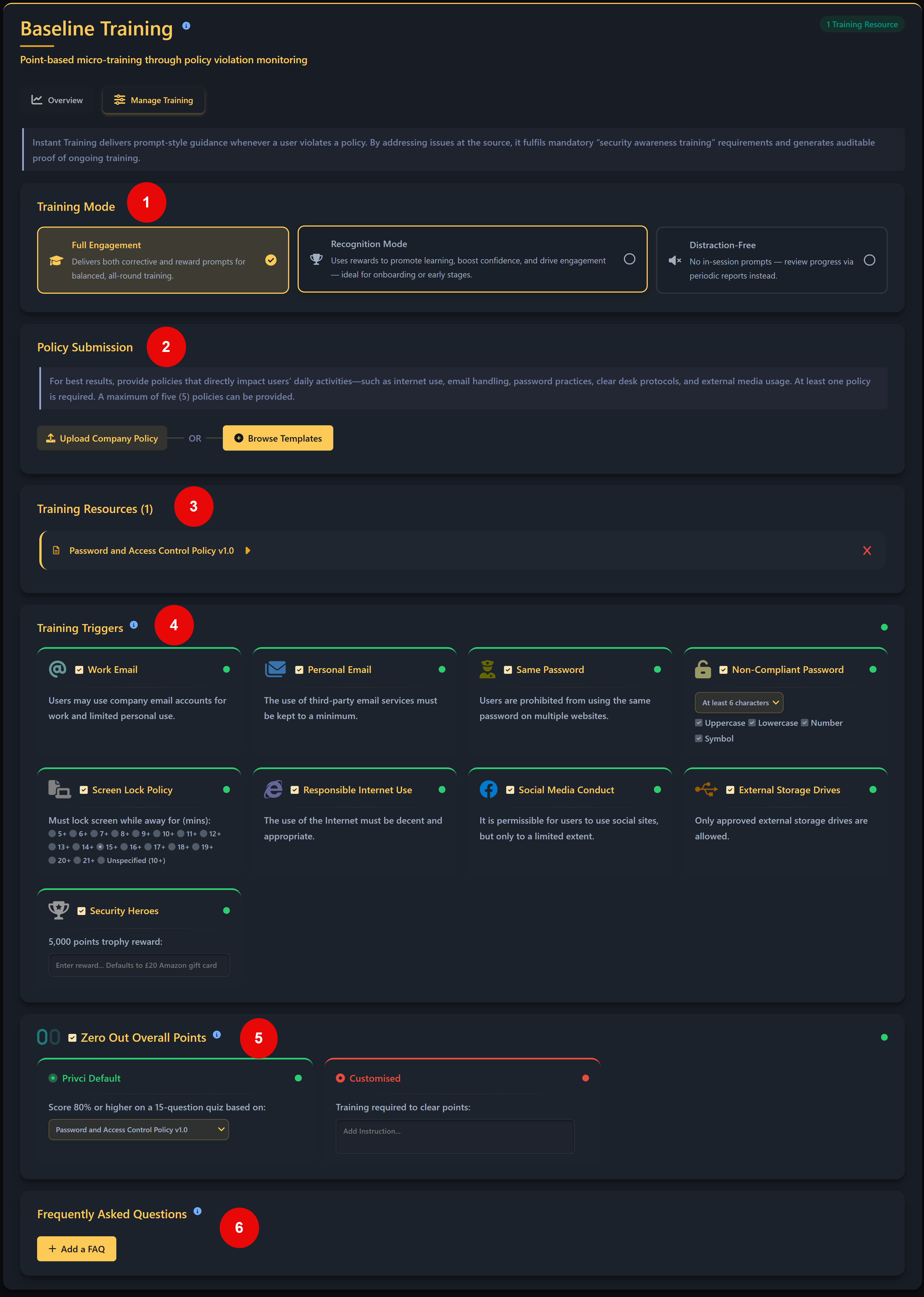 Baseline Training configuration panel